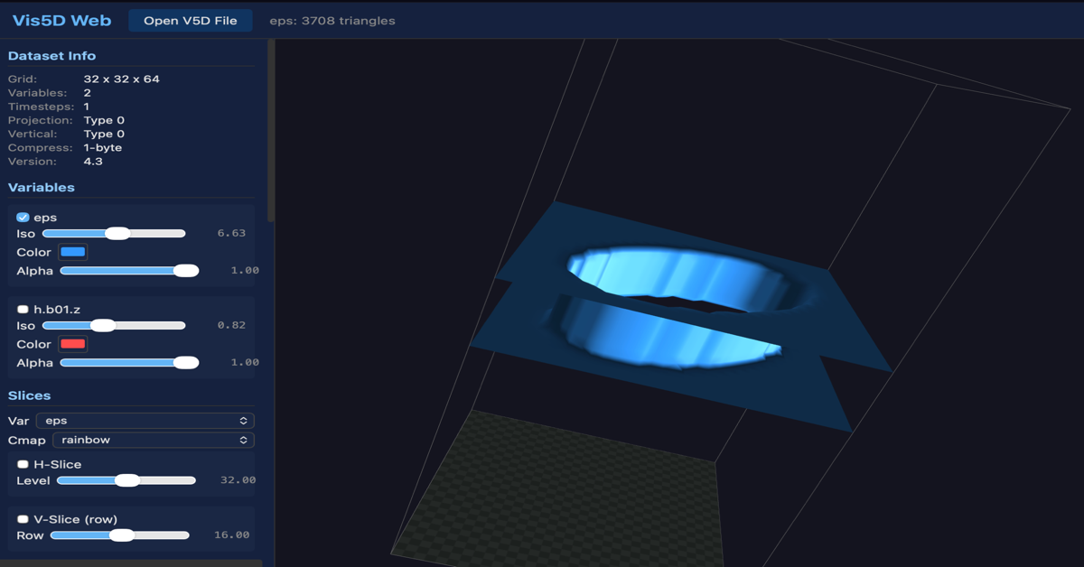Vis5D Web showing an isosurface visualization of the hole.v5d dataset with variable controls and 3D WebGL rendering